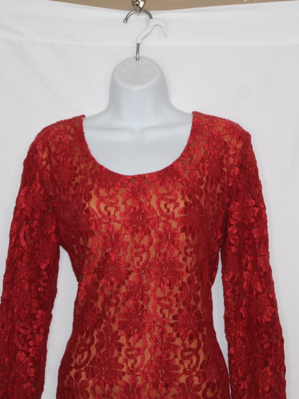 Vtg 90s women's dress size L red nude illusion long sleeve tight fitting flapper - Picture 5 of 14